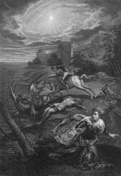 Sankt Georg og dragen (kobberstik) af Jacopo Robusti (after) Tintoretto