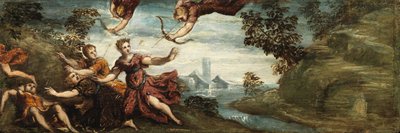 Apollo og Artemis dræber børnene fra Niobe, ca. 1545-48 (olie på panel) af Jacopo Robusti (workshop of) Tintoretto