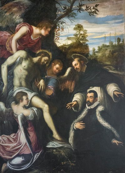 Død Kristus støttet af tre engle, Sankt Dominikus og donor af Jacopo Robusti Tintoretto