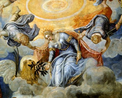 Doge Niccolo da Ponte modtager olivengren fra Venedig, af Jacopo Robusti kendt som Tintoretto (1518-1594), Detail, Sala del Maggior Consiglio (Hall of Great Council), Palazzo Ducale, Venedig af Jacopo Robusti Tintoretto