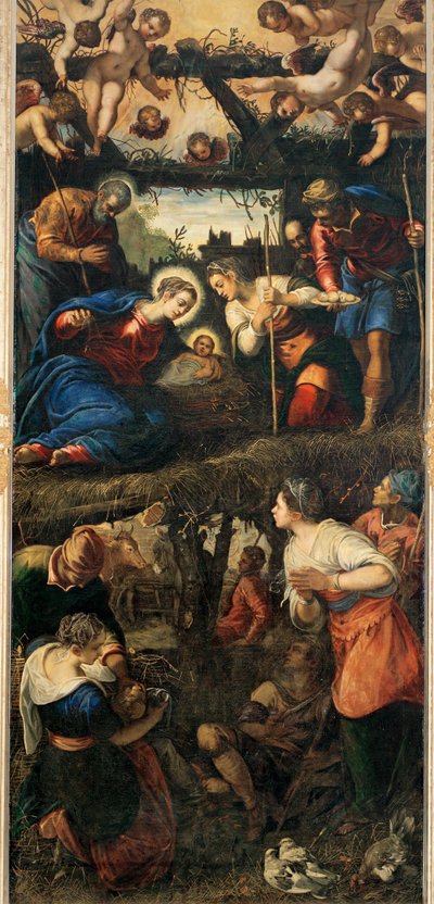 Fødselskirken og hyrdernes tilbedelse (maleri på lærred) af Jacopo Robusti Tintoretto