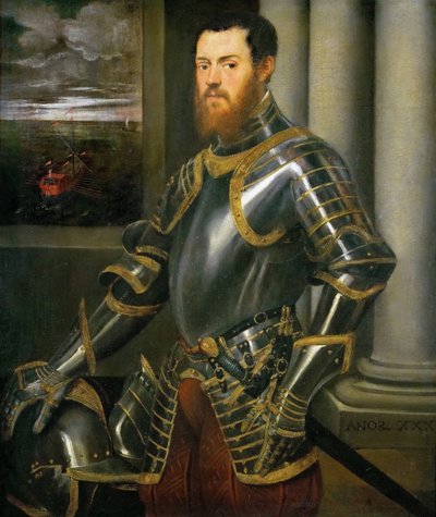 Portræt af en mand i en gulddekoreret rustning, ca 1555. af Jacopo Robusti Tintoretto
