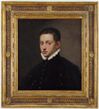 Portræt af en dreng, brystlængde, i en sort dublet med hvid krave af Jacopo Robusti Tintoretto