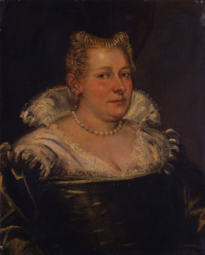 Portræt af en dame, brystlængde i en grøn kjole med hvid krave af Jacopo Robusti Tintoretto