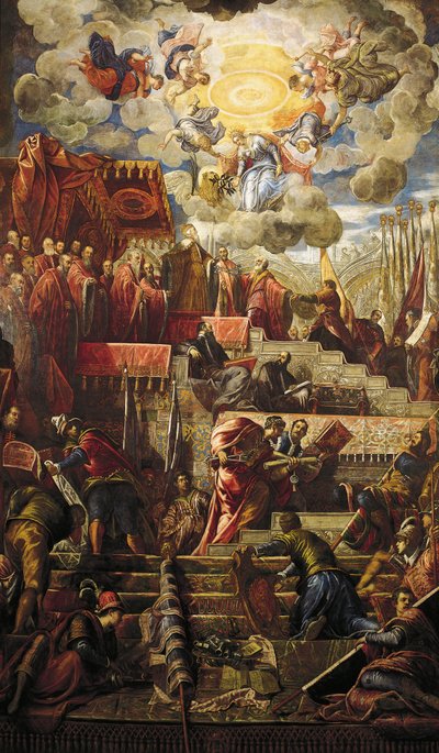 Doge Niccolo da Ponte modtager olivengren fra Venedig, Jacopo Robusti kendt som Tintoretto (1518-1594), Detail, Sala del Maggior Consiglio (Hall of the Great Council), Palazzo Ducale, Venedig af Jacopo Robusti Tintoretto