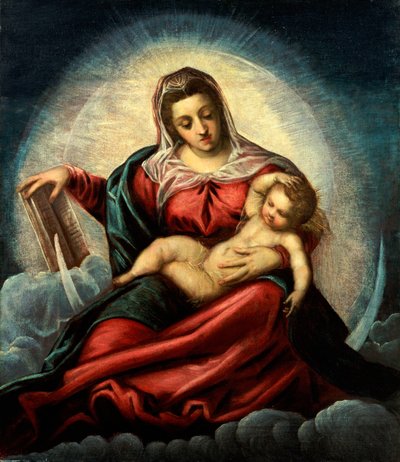 Madonnaen og barnet i en mandorla på en halvmåne og skyer, med visdommens bog af Jacopo Robusti Tintoretto