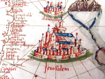 Detalje med Jerusalem og Damaskus fra et renæssancekort over Europa, Jacopo Russo (efter), 1528 af Jacopo Russo