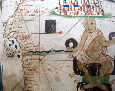 Detalje, der viser en afrikansk hersker fra et renæssancekort over Europa, Jacopo Russo (efter), 1528 af Jacopo Russo