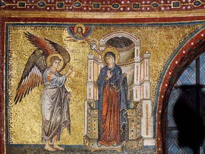 Bebudelse, detalje af Jomfruens kroning og Marias historier, af Jacopo Torriti, mosaik i apsidens bassin, Santa Maria Maggiore-basilikaen, Rom, Italien af Jacopo Torriti
