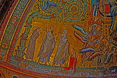 Sankt Frans, Sankt Paul, Sankt Peter, pave Nicholas IV og engle, der deltager i Jomfruens kroning, apsis, mosaik omkring 1290 af Jacopo Torriti