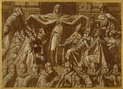 Madonna della Misericordia med Sts. Francis og Dominic, med andre helgener og herskere og en familie af donorer (pen og brunt blæk med vask og hvid kropsfarve på papir) af Jacopo Zucchi