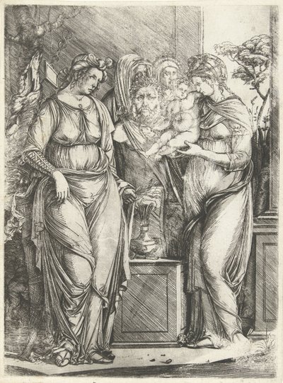 Fire kvinder ofrer en dreng foran Priapus-statuen af Jacopo de