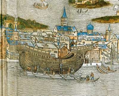 Bygning af en galej på et skibsværft i Venedig, fra Peregrinatio in Terram Sanctam, først trykt på latin i 1486 ... (træsnit) af Jacopo de