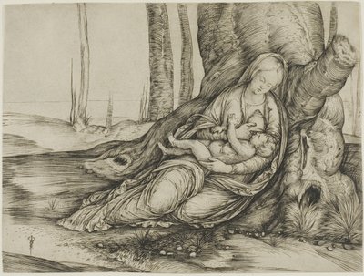 Jomfruen og barnet ligger op ad et træ af Jacopo de