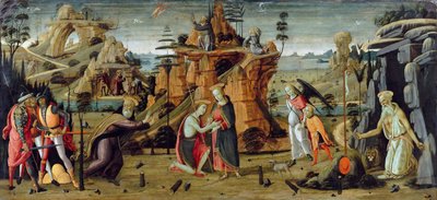 Landskab med bibelske scener og legender om helgenerne af Jacopo del Sellaio
