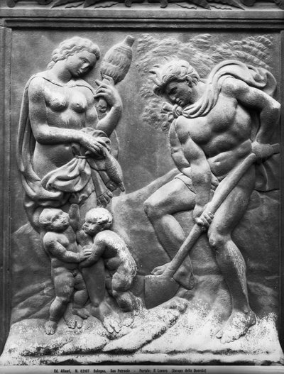 Adam og Eva tvunget til at arbejde, panel fra Porta Magna, ca. 1430 (marmor) af Jacopo della Quercia