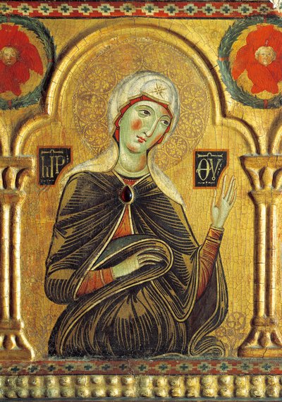 Mariafigur, fra Forløser med Madonnaen og tre hellige, af Meliore Toscano eller Meliore di Jacopo (ca. 1255-1285), tempera og guld på panel, 85x210 cm af Jacopo di Meliore