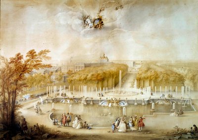Perspektiv udsigt over haverne og parterre du Nord og slottet i Versailles taget fra Neptun-bassinet Maleri a la gouache af Jacques Andre Porte (1695-1759) Søn. 0,51x0,72 m Versailles, slottets miuse af Jacqes Andre Portail