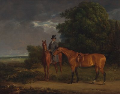 En brudgom monteret på en kastanjejæger, han holder en bugtjæger ved tøjlerne af Jacques-Laurent Agasse