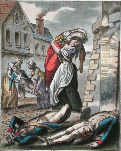 Kvinder, der hjælper tilskadekomne under den franske revolution, graveret af Labrousse, ca. 1795 (farvet gravering) af Jacques (after) Grasset de Saint Sauveur