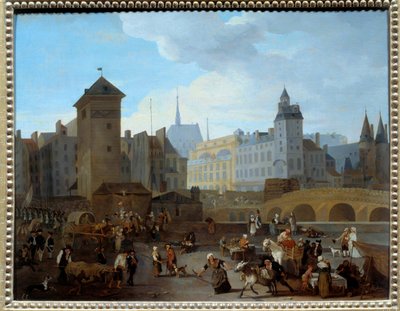 Fransk revolution: "" Udsigt over broen og pumpen Notre-Dame i Paris"" Pumpen fodrede adskillige parisiske springvand, scener fra dagligdagen, af handlende, ambulancebetjente, der bar en såret, soldater, der løb væk. Maleri af Jacques Albert Senave (1755-1 af Jacques Albert Senave