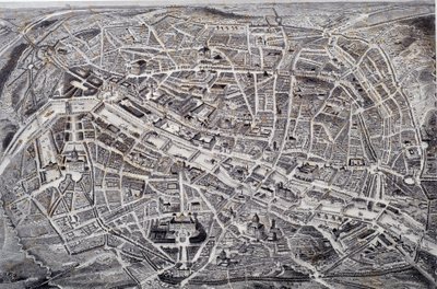 Kort over Paris i relief og en fugleflue med omgivelser og fæstningsværker. Dybtryk af Jacques Alphonse Testard (1810-?) Paris fra det 19. århundrede, Musee Carnavalet af Jacques Alphonse (after) Testard
