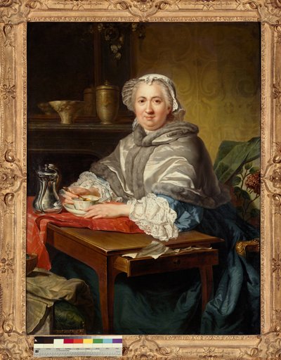 Madame Brion sidder og drikker te af Jacques Andre Joseph Camelot Aved