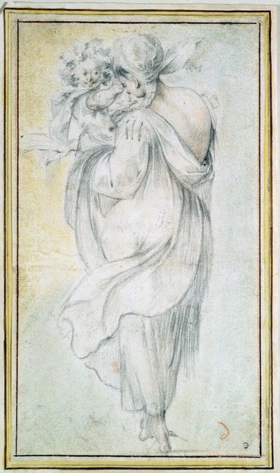 Sigøjner med et barn - Værk af Jacques Bellange (omkring 1575-1616), blod og sort/hvidt kridt på papir (30x16,5 cm), begyndelsen af ​​det 17. århundrede - Sigøjner med et barn, blod, sort/hvidt kridt på papir af J Bellange, begyndelsen af ​​det 17. århundr af Jacques Bellange