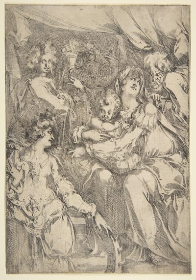 Den hellige familie med Saint Catherine, Saint John the Evangelist and an Angel, 1612-16. af Jacques Bellange