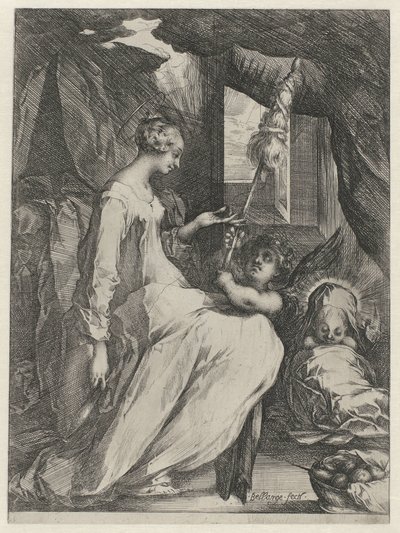 Jomfru Maria spinder med Kristusbarnet og en engel Mary med barn og en engel, der holder en distaff af Jacques Bellange
