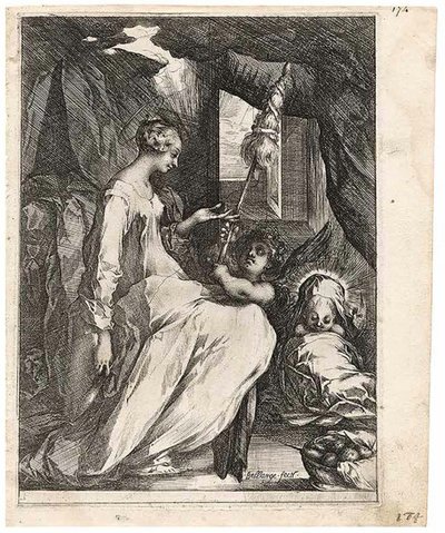 Jomfruen og Barnet med Distaff og en engel af Jacques Bellange