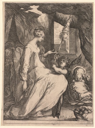 Jomfruen og Barnet med Distaff og en engel, ca. 1611-1613. af Jacques Bellange