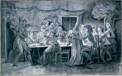 Bryllupsmiddag under revolutionen Tegning af Jacques Bertaux (1745-1818) Paris. af Jacques Bertaux