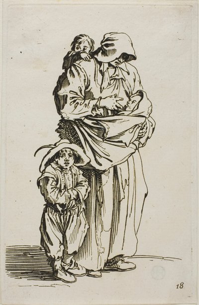 En mor med sine tre børn, tallerken 18 fra The Beggars af Jacques Callot