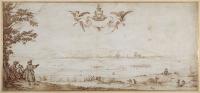 En udsigt over Toul på tværs af sletten, landskab med figurer, himlen med armene af porceller (pen og brunt blæk på vellum) af Jacques Callot