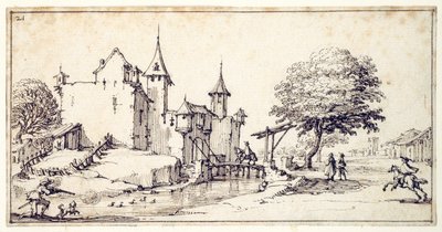 Et slot med vindebro (pen og brunt blæk på papir) af Jacques Callot