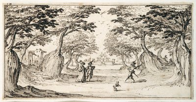 En fin dame og herre, der danser i skoven til en lut, et slot i det fjerne (pen & brunt blæk på papir) af Jacques Callot