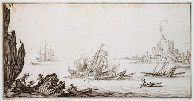 En galease rammes midtskibs af en krigsmand under sejlads i sigte fra havnen, ca. 1617 (pen og brun blæk på papir) af Jacques Callot