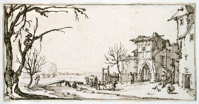 En høvogn bliver bragt til middelalderporten til en landsby, en mand, der klipper en gren, fra et album tilhørende Israel Silvestre, ca. 1630 (pen og blæk på papir) af Jacques Callot