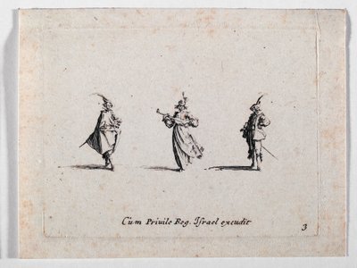 En dame, der spiller musik, og to kavalerer, fra ... (stik) af Jacques Callot