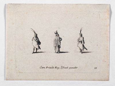 En dame med lang frakke og to kavalerer, fra ... (kobberstik) af Jacques Callot