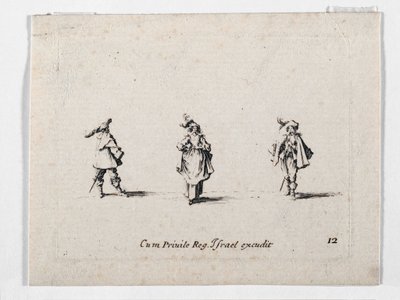 En dame med fjerhat og to kavalerer, fra ... (kobberstik) af Jacques Callot