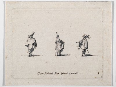 En dame med rynket skørt og to kavalerer, fra Les Fantaisies de Noble J. Callot ... (kobberstik) af Jacques Callot