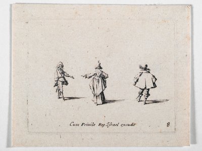 En dame med udstrakt hånd, set bagfra, og to kavalerer, fra Les Fantaisies de Noble J. Callot ... (kobberstik) af Jacques Callot