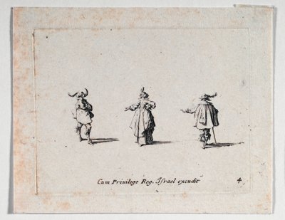 En dame med udstrakt hånd og to kavalerer, fra ... (kobberstik) af Jacques Callot