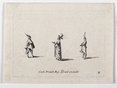 En dame med fjerhat og to kavalerer, fra ... (kobberstik) af Jacques Callot