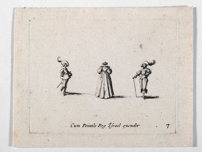 En dame med rigt plisseret kjole, set bagfra, og to kavalerer, fra Les Fantaisies de Noble J. Callot ... (kobberstik) af Jacques Callot