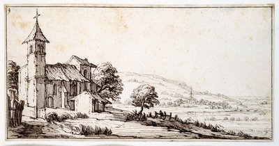 Et flodlandskab nær Nancy, med landsbykirken i Maxeville og en anden kirke i midten af afstanden, fra et album tilhørende Israel Silvestre, ca. 1630 (pen og blæk på papir) af Jacques Callot
