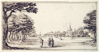En gade i Bainville-sur-Madon med Callots hus (pen og brunt blæk på papir) af Jacques Callot