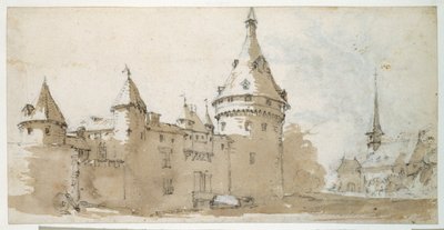 Et tårnslot og en kirke (brun og grå vask over sort kridt på papir) af Jacques Callot
